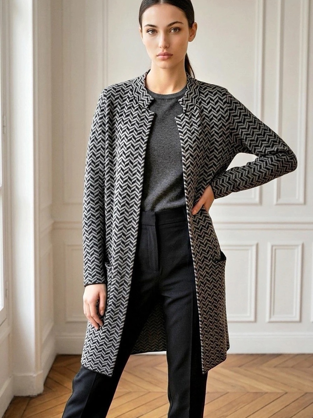 Tahari Womens 1X Grey Black Chevron Duster Coatigan Sweater